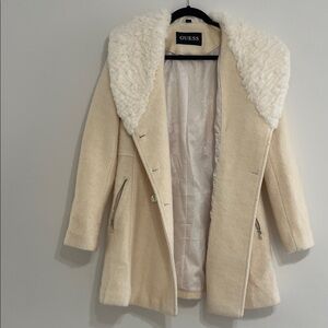 GUESS Cream Teddy Shearling Coat with Plush Collar